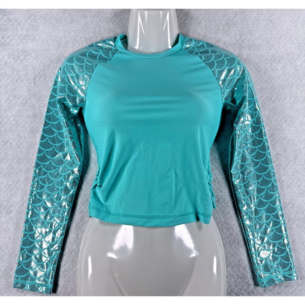 Free Country Girls Size Small 7/8 Aqua Mermaid Scale Rash Guard LS Swim Top NWOT